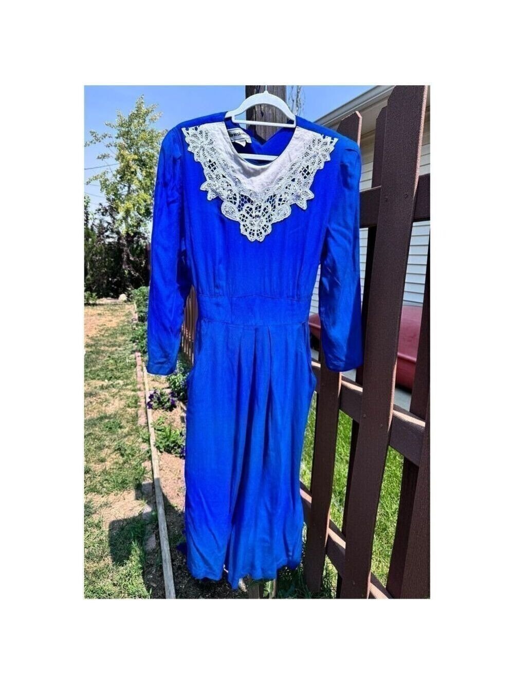 Vintage royal blue dress white crocheted collar sz 12 Korea waist long sleeve ei